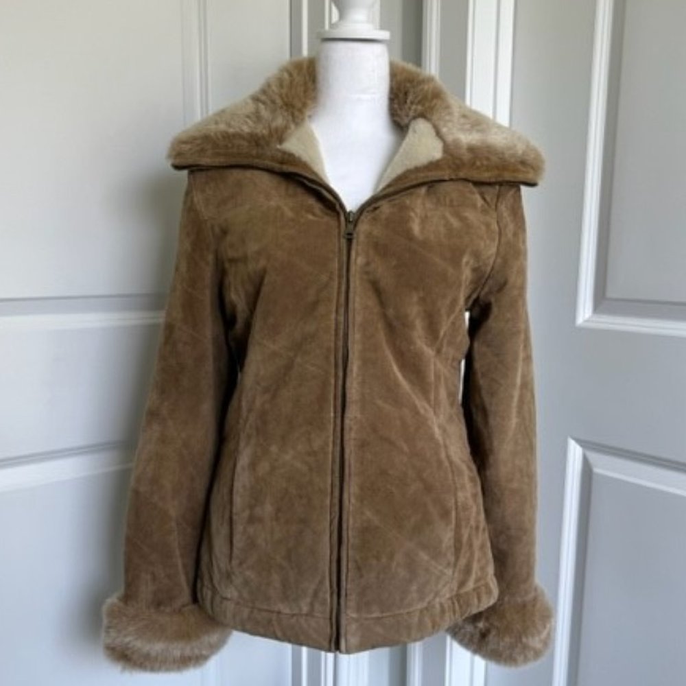 JONES NEW YORK SPORT SUEDE LEATHER JACKET FAUX FUR SIZE SMALL